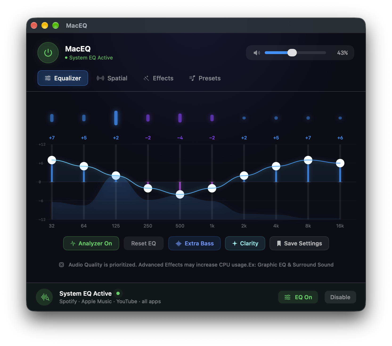 macEQ equalizer showing a live spectrum analyzer and a ten-band EQ curve