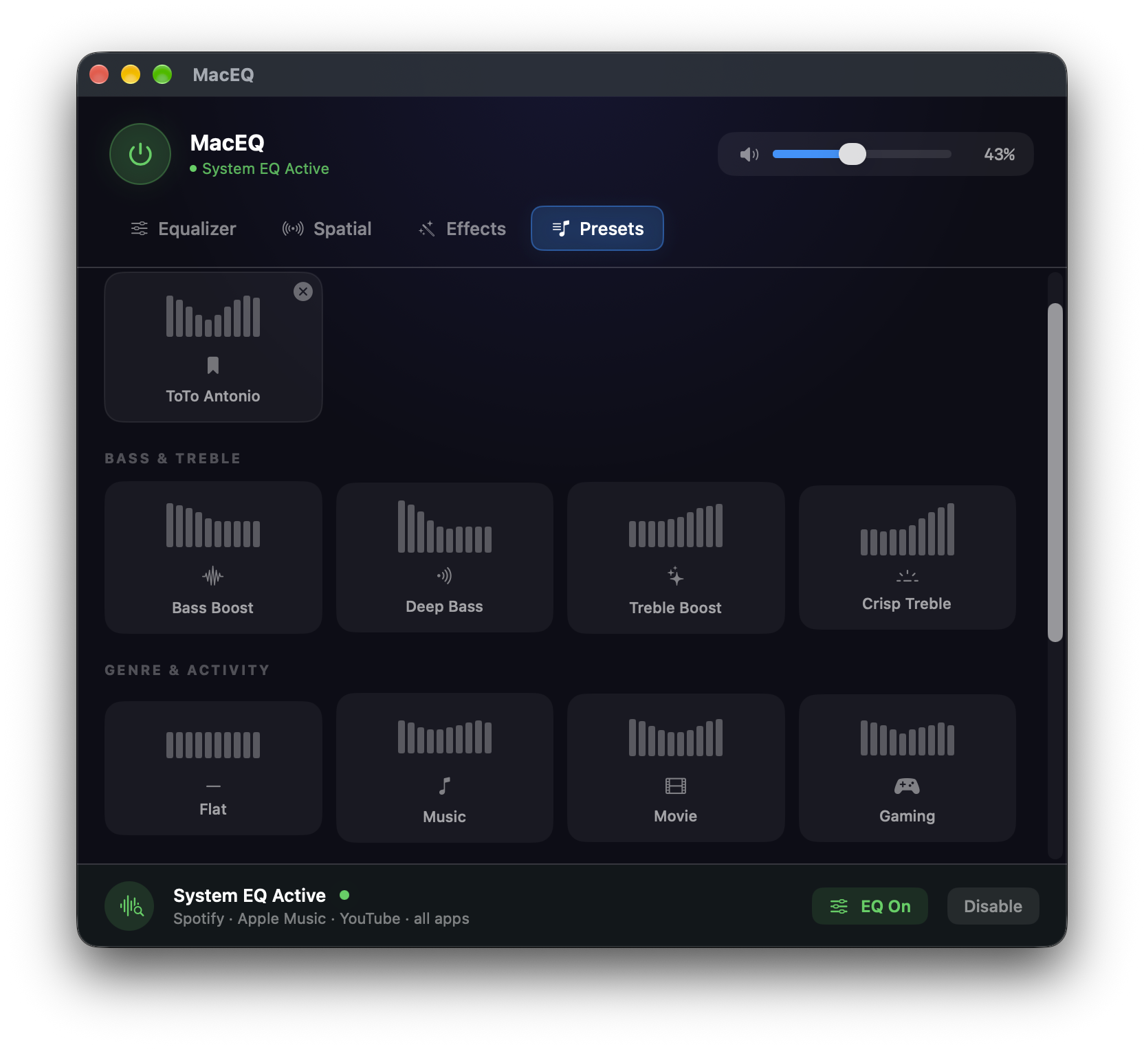 macEQ presets tab with saved and built-in sound profiles