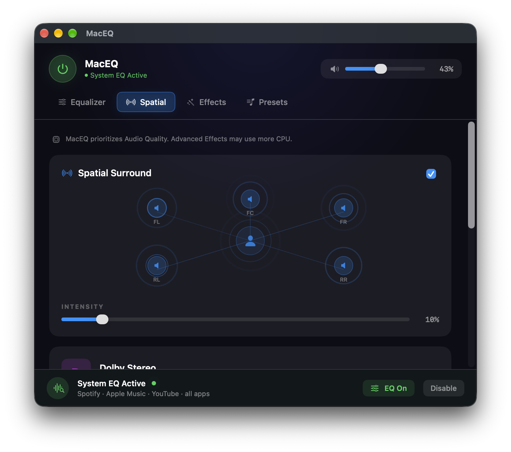 macEQ spatial surround control with five virtual speaker positions